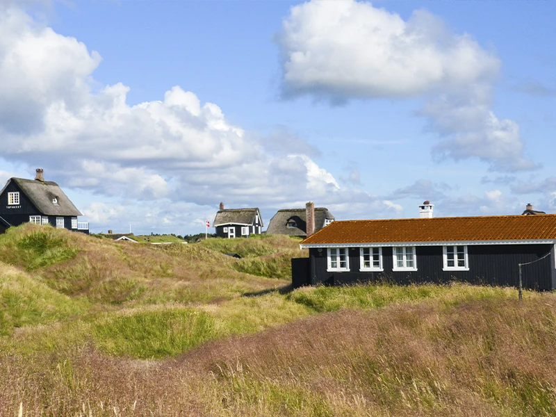 Sorte sommerhuse med hvide vinduer ligger idyllisk placeret i et bakket klitlandskab under en blå himmel med hvide skyer.