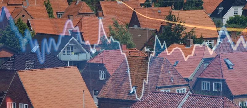 Røde huse med graf i forgrund