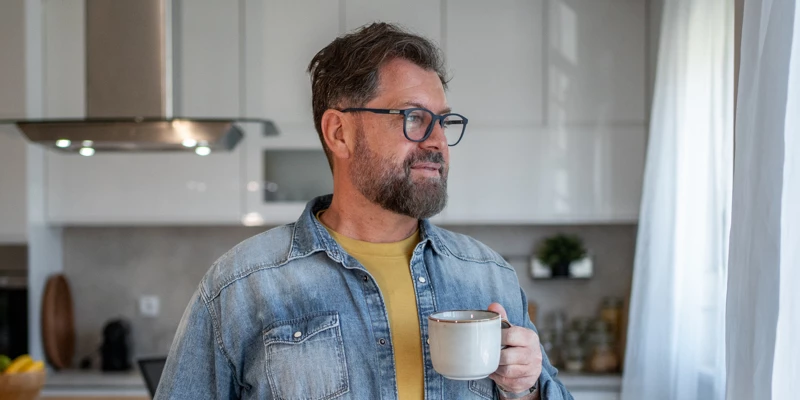 Man med kaffe i køkken