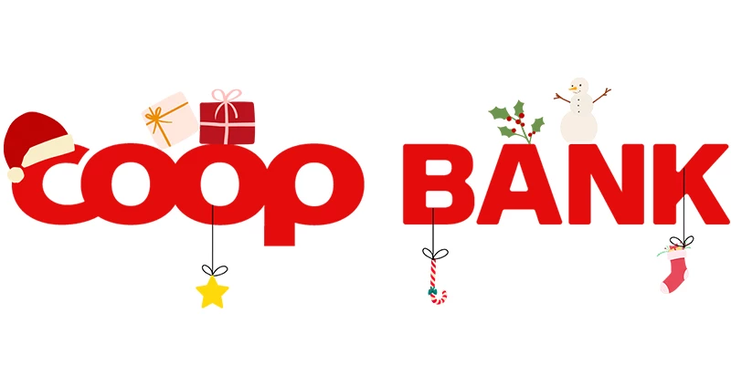 Coop banks logo pyntet med juleikoner