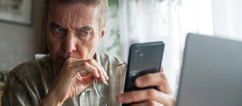 ældre mand kigger skeptisk på sin mobil
